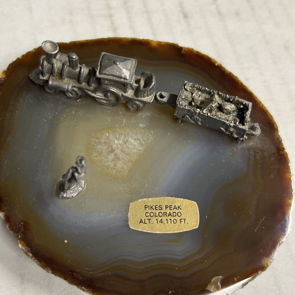 Agate Geode Mineral Crystal Rock Mine Figurine with Pewter Miners & Train Pyrite
